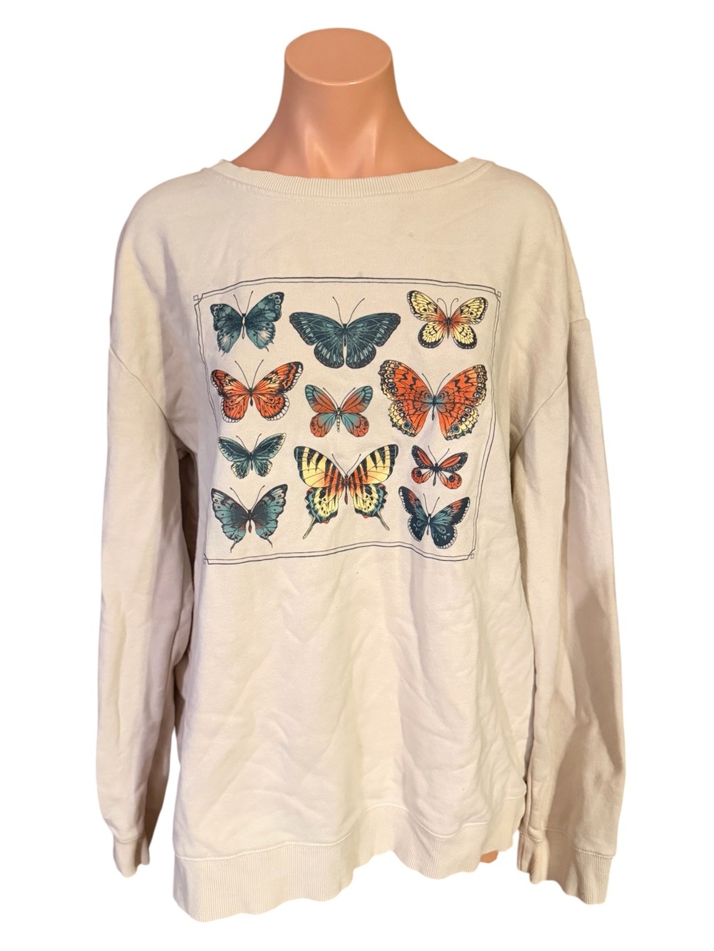 Earthbound Womens XL Butterfly Graphic Crewneck Sweatshirt Cream Cottagecore